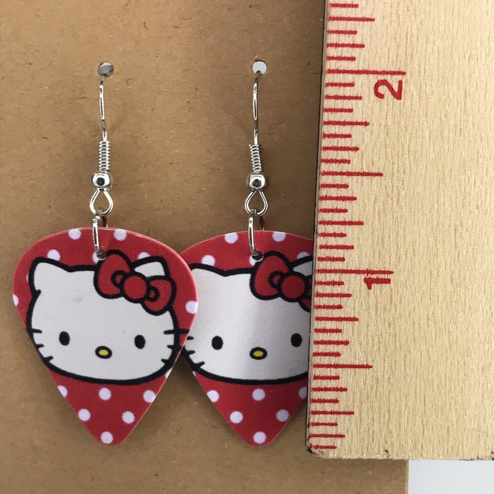Hello Kitty Multicolor Earrings with Red Bow Custom Guitar Pick Fashion Jewelry - Picture 2 of 4
